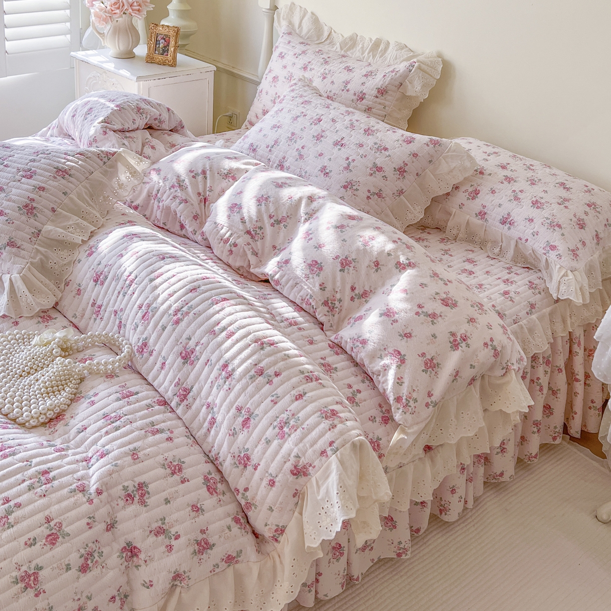 91家纺网 家纺一手货源 找家纺 恋尚 2025新款印花竹节纱床笠款床裙四件套（四件套控价220起） 花悦