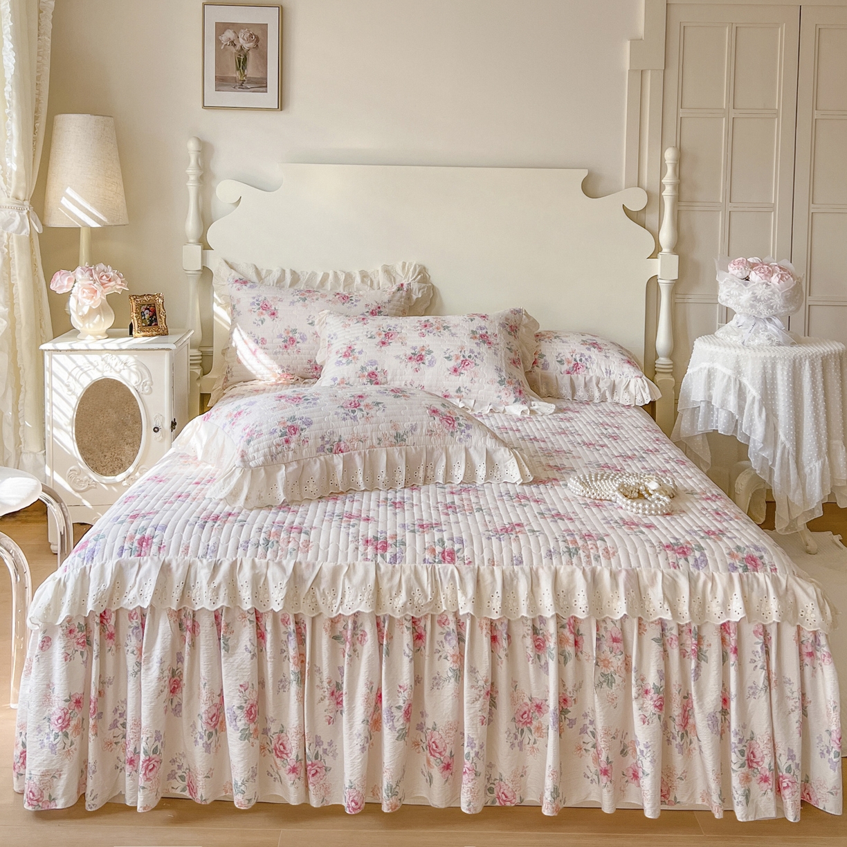 91家纺网 家纺一手货源 找家纺 恋尚 2025新款印花竹节纱床笠款床裙（床裙控价110元起） 花浅