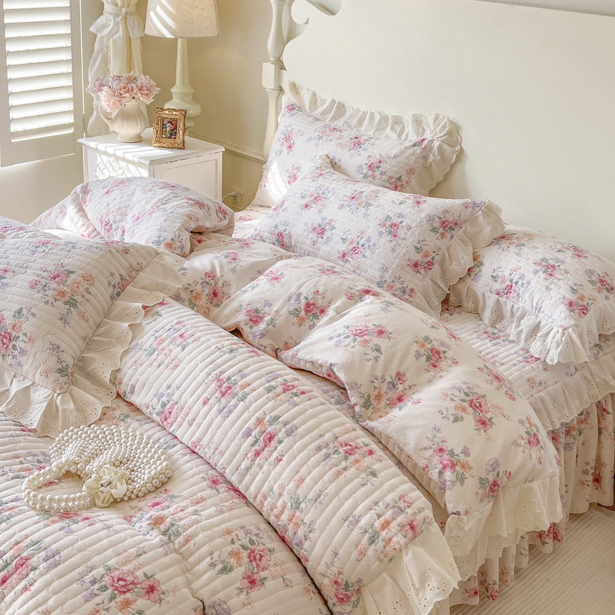 91家纺网 家纺一手货源 找家纺 恋尚 2025新款印花竹节纱床笠款床裙（床裙控价110元起） 花浅