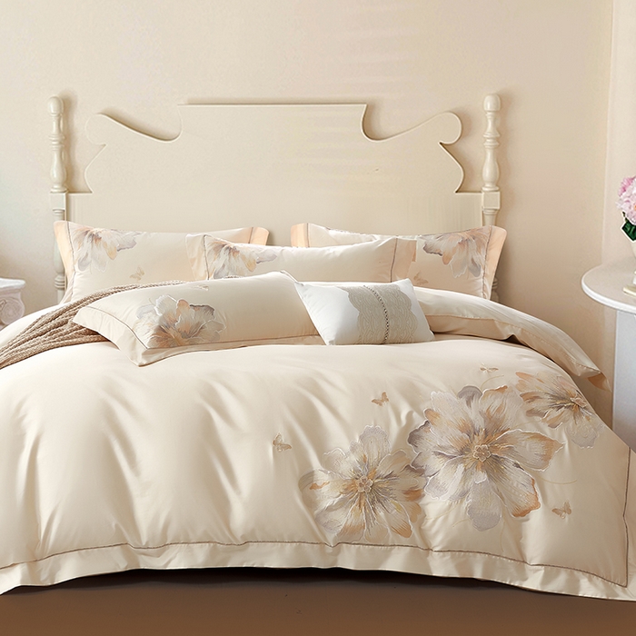 91家纺网 家纺一手货源 找家纺 诗黛尔 2026秋冬新款长绒棉刺绣焦糖时光系列四件套 焦糖时光(奶茶槟)