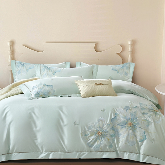 诗黛尔 2026秋冬新款长绒棉刺绣焦糖时光系列四件套 焦糖时光(松石绿)