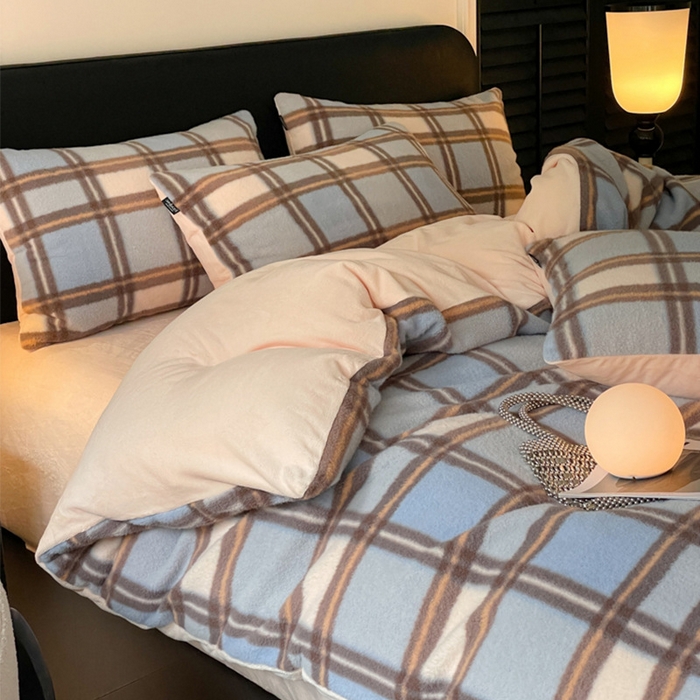 91家纺网 家纺一手货源 找家纺 良品汇馆 2026新款羊绒牛奶绒床上四件套加厚加绒床品保暖毛绒床品 挪威蓝格