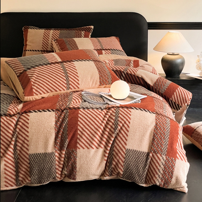 91家纺网 家纺一手货源 找家纺 良品汇馆 2026新款羊绒牛奶绒床上四件套加厚加绒床品保暖毛绒床品 安哥拉红格