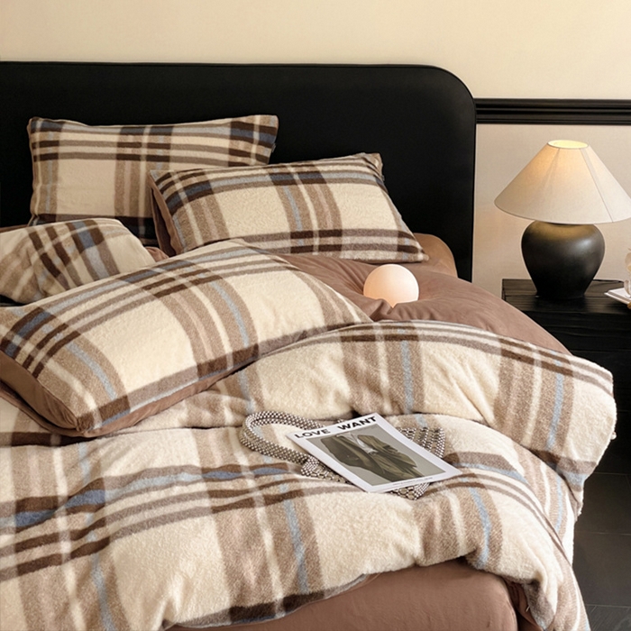 良品汇馆 2026新款羊绒牛奶绒床上四件套加厚加绒床品保暖毛绒床品 咖啡白格