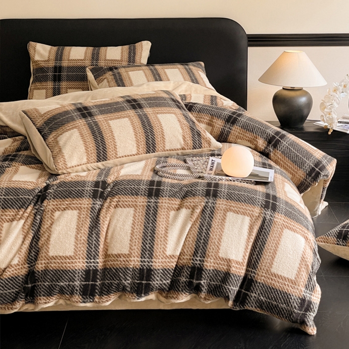 良品汇馆 2026新款羊绒牛奶绒床上四件套加厚加绒床品保暖毛绒床品 美拉德灰棕格