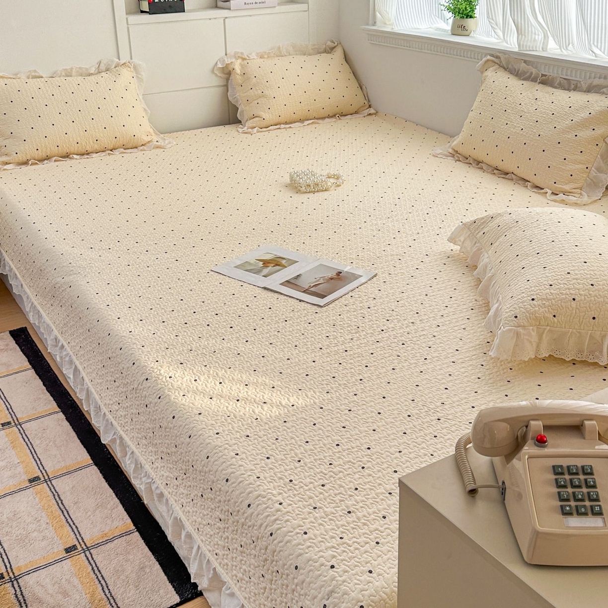 91家纺网 家纺一手货源 找家纺 暖居 2026新款支持定制法式花边纯棉榻榻米四件套全棉大炕盖三件套四季通用 奶油点点