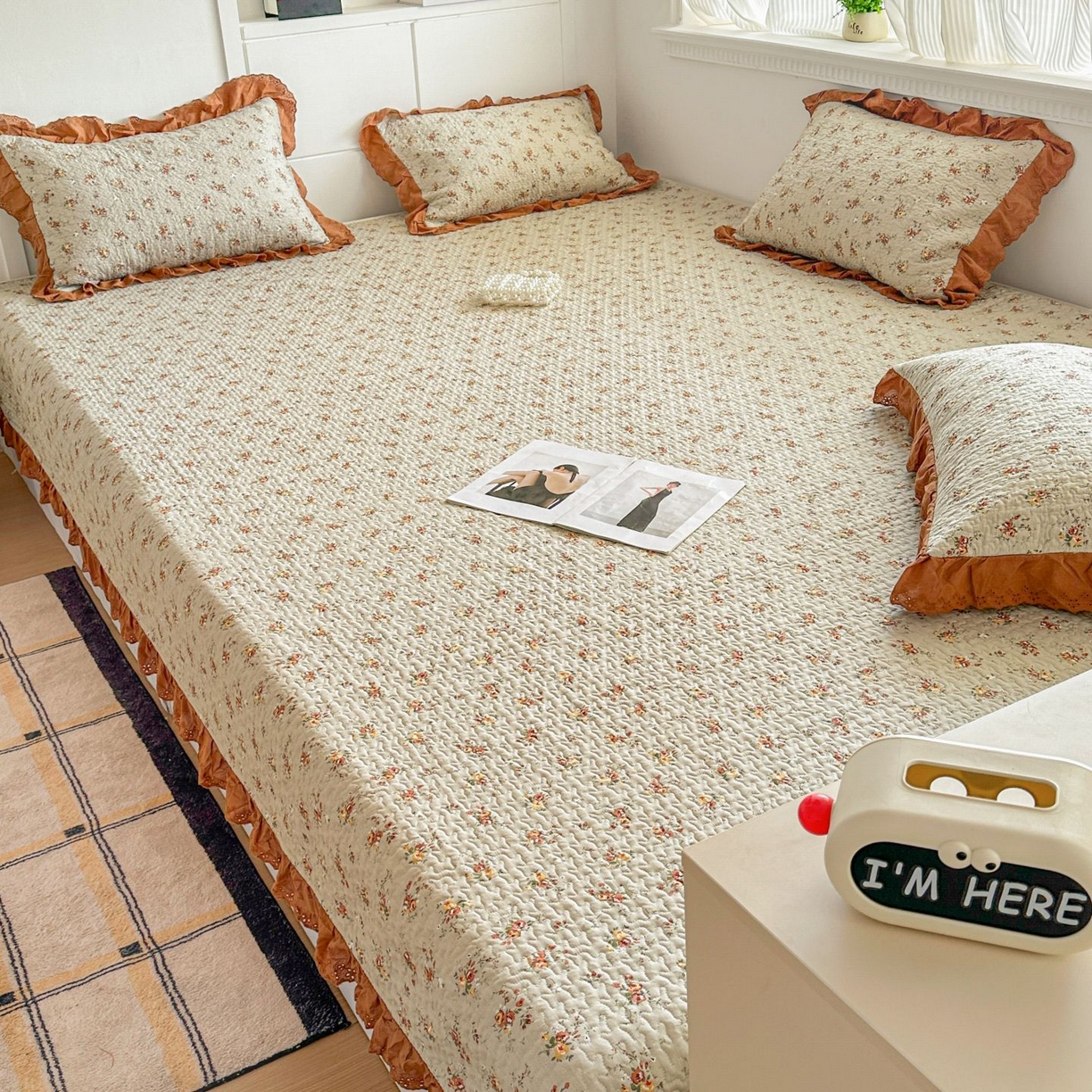 91家纺网 家纺一手货源 找家纺 暖居 2026新款支持定制法式花边纯棉榻榻米四件套全棉大炕盖三件套四季通用 浅咖