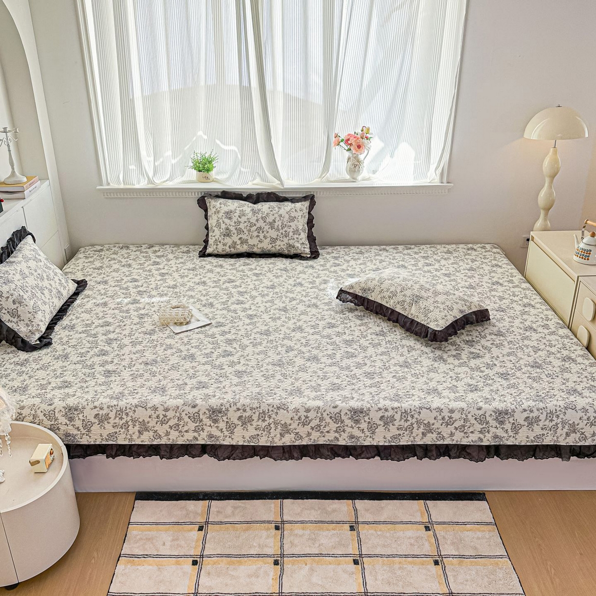 91家纺网 家纺一手货源 找家纺 （总）暖居 2026新款支持定制法式花边纯棉榻榻米四件套全棉大炕盖三件套四季通用