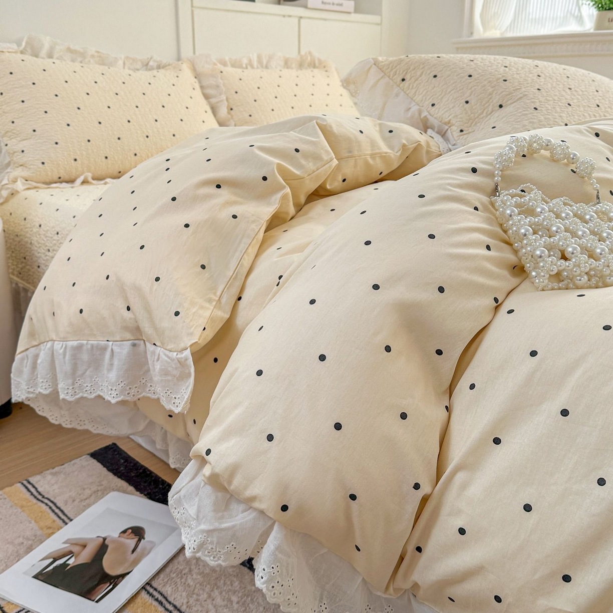 91家纺网 家纺一手货源 找家纺 暖居 2026新款支持定制法式花边纯棉榻榻米四件套全棉大炕盖三件套四季通用 奶油点点