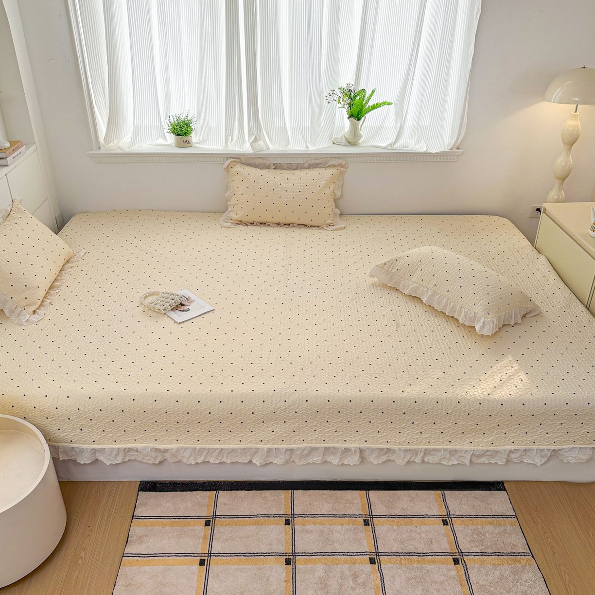 91家纺网 家纺一手货源 找家纺 暖居 2026新款支持定制法式花边纯棉榻榻米四件套全棉大炕盖三件套四季通用 奶油点点