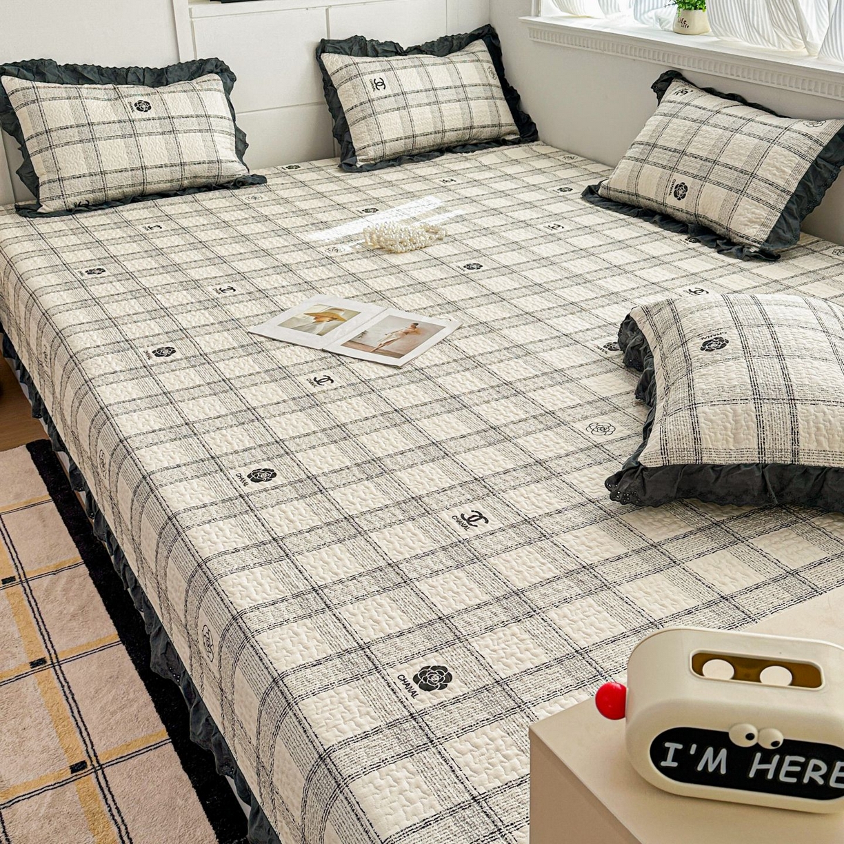 91家纺网 家纺一手货源 找家纺 暖居 2026新款支持定制法式花边纯棉榻榻米四件套全棉大炕盖三件套四季通用 小香格子