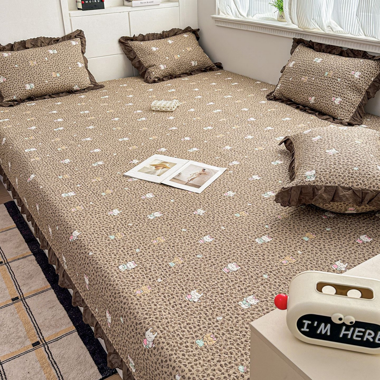 91家纺网 家纺一手货源 找家纺 暖居 2026新款支持定制法式花边纯棉榻榻米四件套全棉大炕盖三件套四季通用 豹纹KT