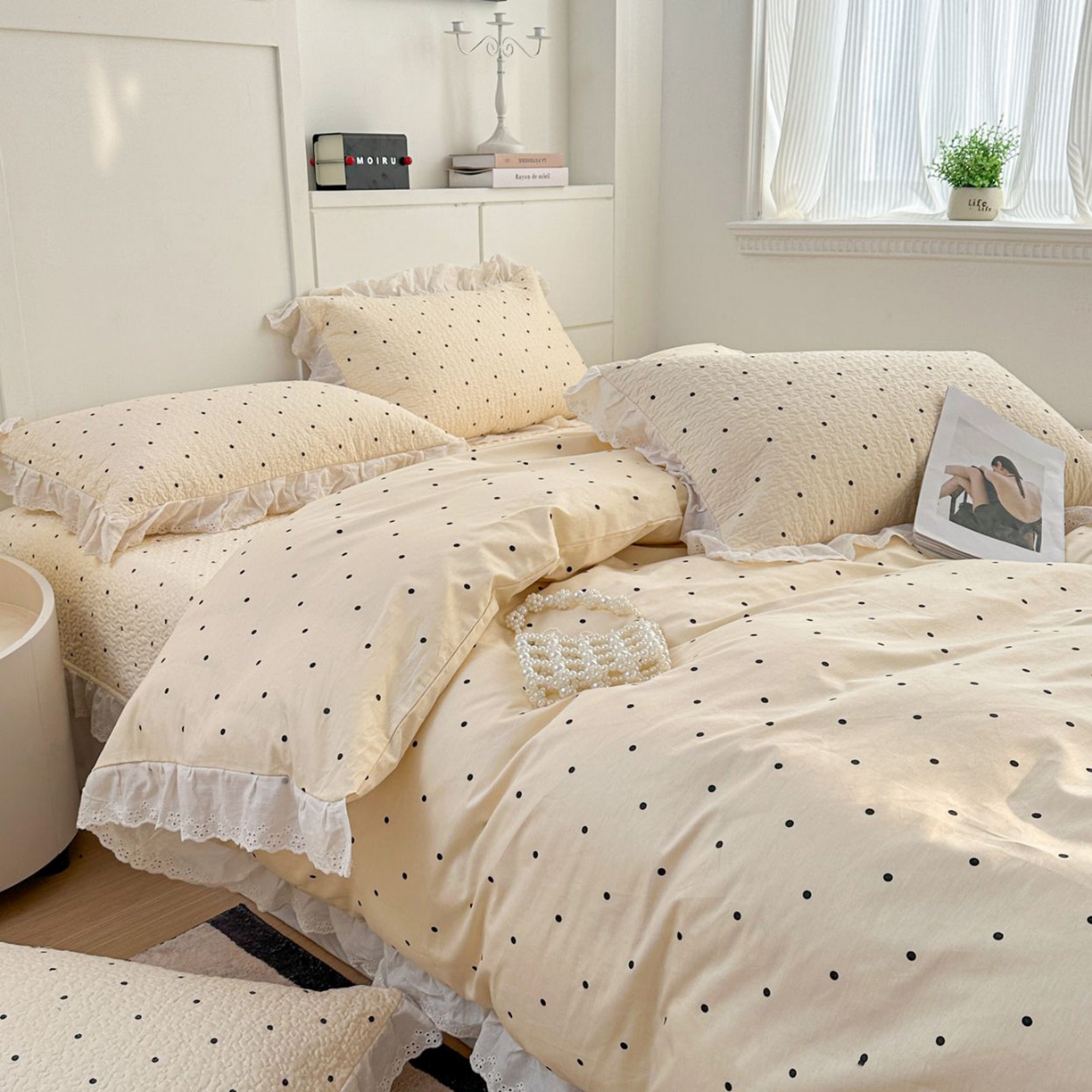 91家纺网 家纺一手货源 找家纺 暖居 2026新款支持定制法式花边纯棉榻榻米四件套全棉大炕盖三件套四季通用 奶油点点