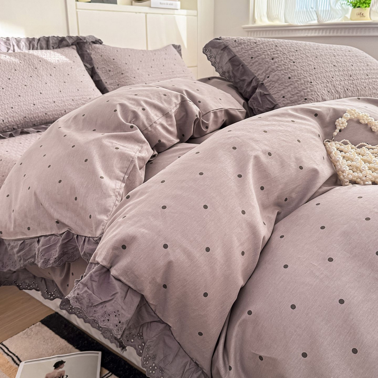91家纺网 家纺一手货源 找家纺 暖居 2026新款支持定制法式花边纯棉榻榻米四件套全棉大炕盖三件套四季通用 波点紫