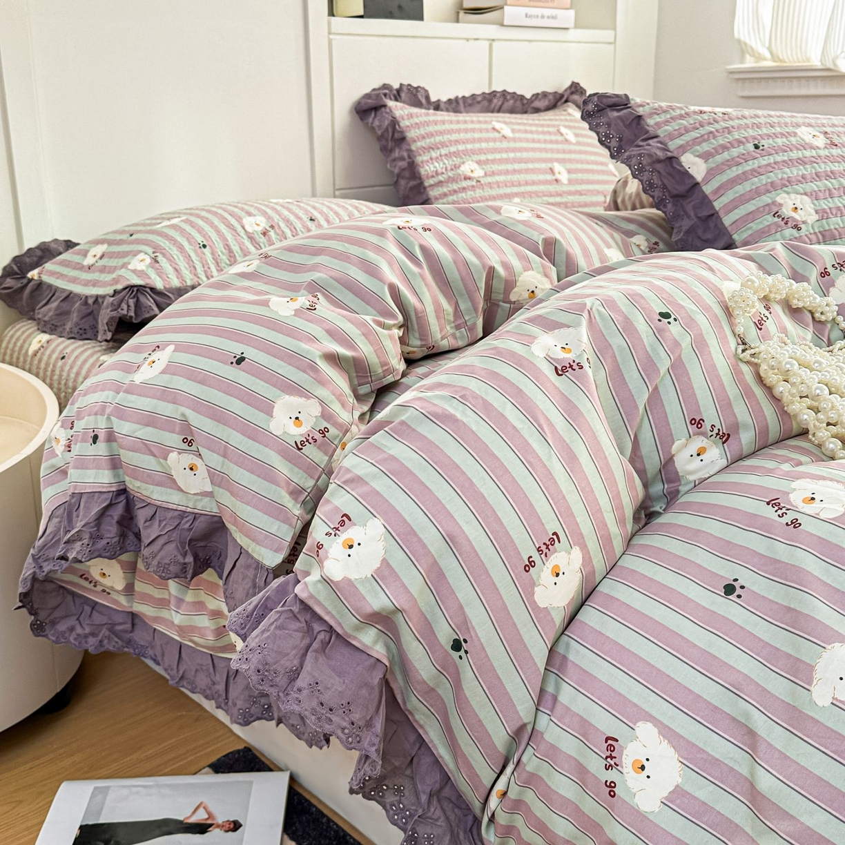 91家纺网 家纺一手货源 找家纺 暖居 2026新款支持定制法式花边纯棉榻榻米四件套全棉大炕盖三件套四季通用 旺仔紫色