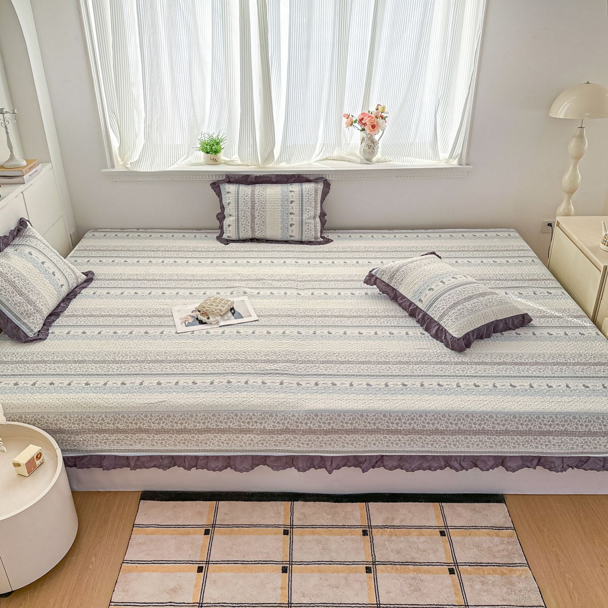 91家纺网 家纺一手货源 找家纺 暖居 2026新款支持定制法式花边纯棉榻榻米四件套全棉大炕盖三件套四季通用 海盐兔