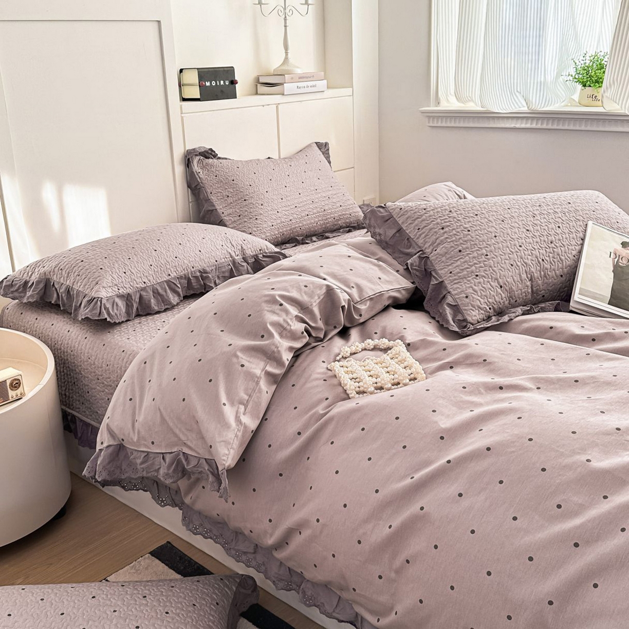 91家纺网 家纺一手货源 找家纺 暖居 2026新款支持定制法式花边纯棉榻榻米四件套全棉大炕盖三件套四季通用 波点紫