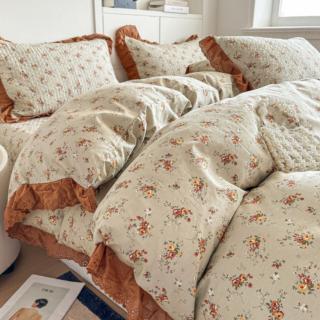 91家纺网 家纺一手货源 找家纺 暖居 2026新款支持定制法式花边纯棉榻榻米四件套全棉大炕盖三件套四季通用 浅咖