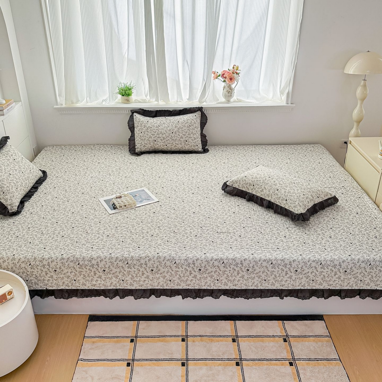 91家纺网 家纺一手货源 找家纺 暖居 2026新款支持定制法式花边纯棉榻榻米四件套全棉大炕盖三件套四季通用 南法假日