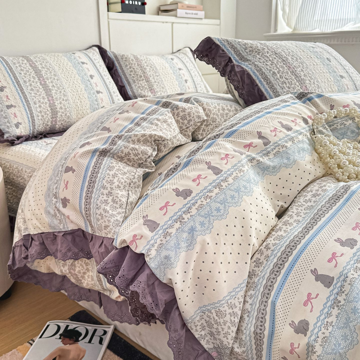 91家纺网 家纺一手货源 找家纺 暖居 2026新款支持定制法式花边纯棉榻榻米四件套全棉大炕盖三件套四季通用 海盐兔