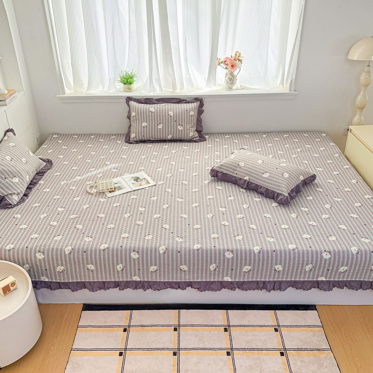 91家纺网 家纺一手货源 找家纺 暖居 2026新款支持定制法式花边纯棉榻榻米四件套全棉大炕盖三件套四季通用 旺仔紫色