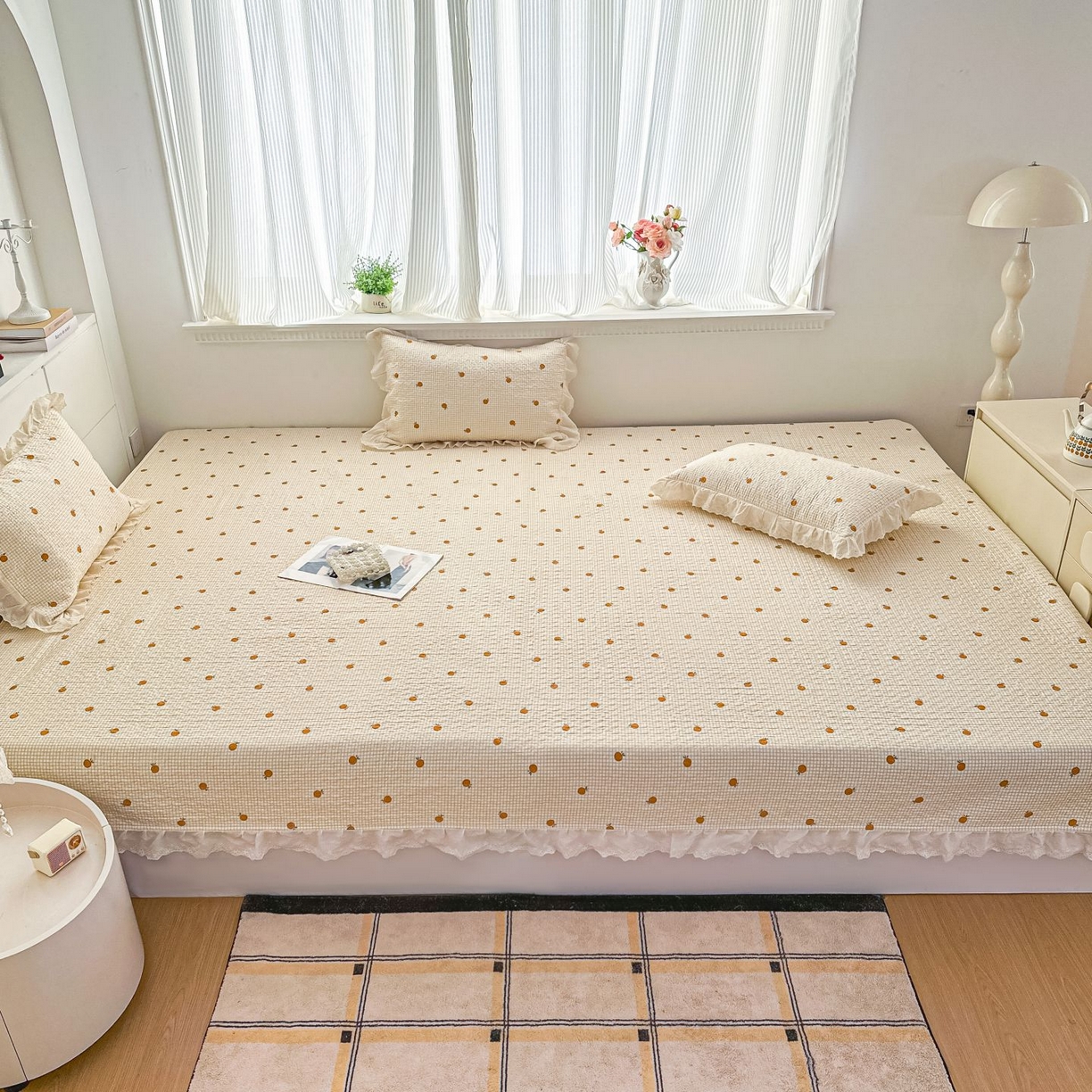 91家纺网 家纺一手货源 找家纺 暖居 2026新款支持定制法式花边纯棉榻榻米四件套全棉大炕盖三件套四季通用 小甜橘