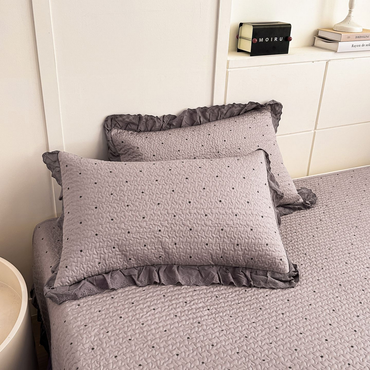 91家纺网 家纺一手货源 找家纺 暖居 2026新款支持定制法式花边纯棉榻榻米四件套全棉大炕盖三件套四季通用 波点紫