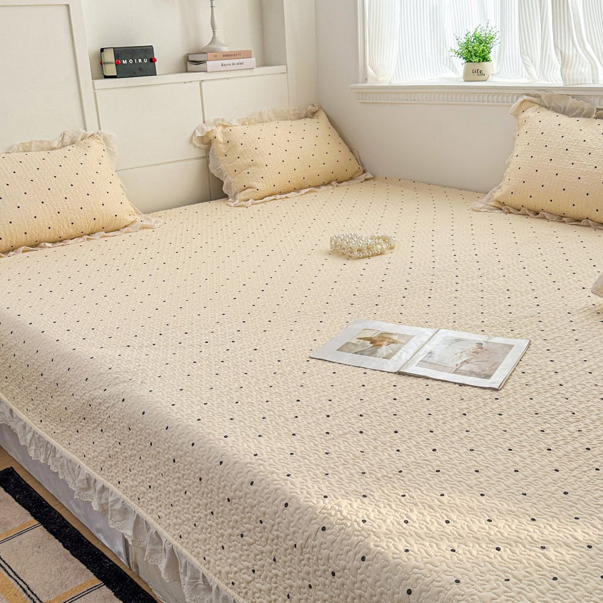 91家纺网 家纺一手货源 找家纺 暖居 2026新款支持定制法式花边纯棉榻榻米四件套全棉大炕盖三件套四季通用 奶油点点