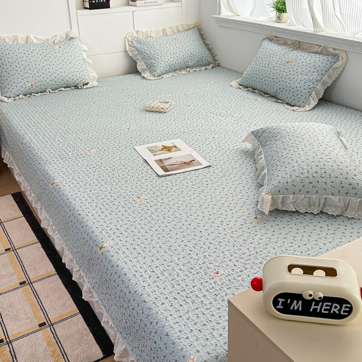 暖居 2026新款支持定制法式花边纯棉榻榻米四件套全棉大炕盖三件套四季通用 碎花兔蓝