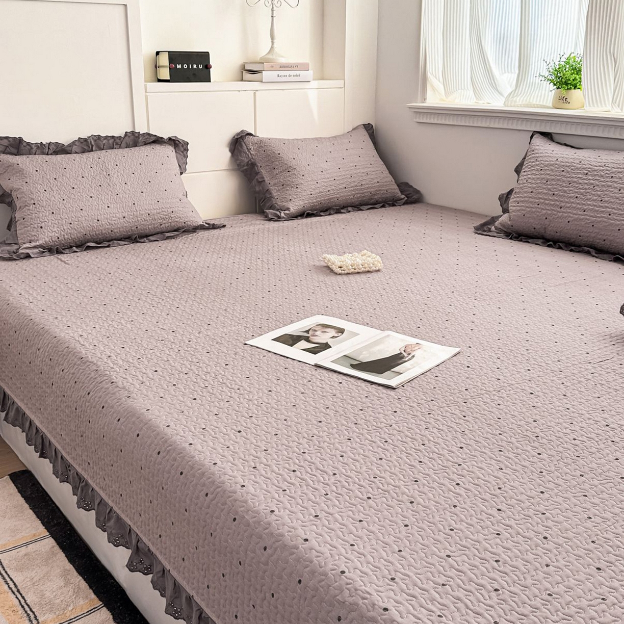 91家纺网 家纺一手货源 找家纺 暖居 2026新款支持定制法式花边纯棉榻榻米四件套全棉大炕盖三件套四季通用 波点紫