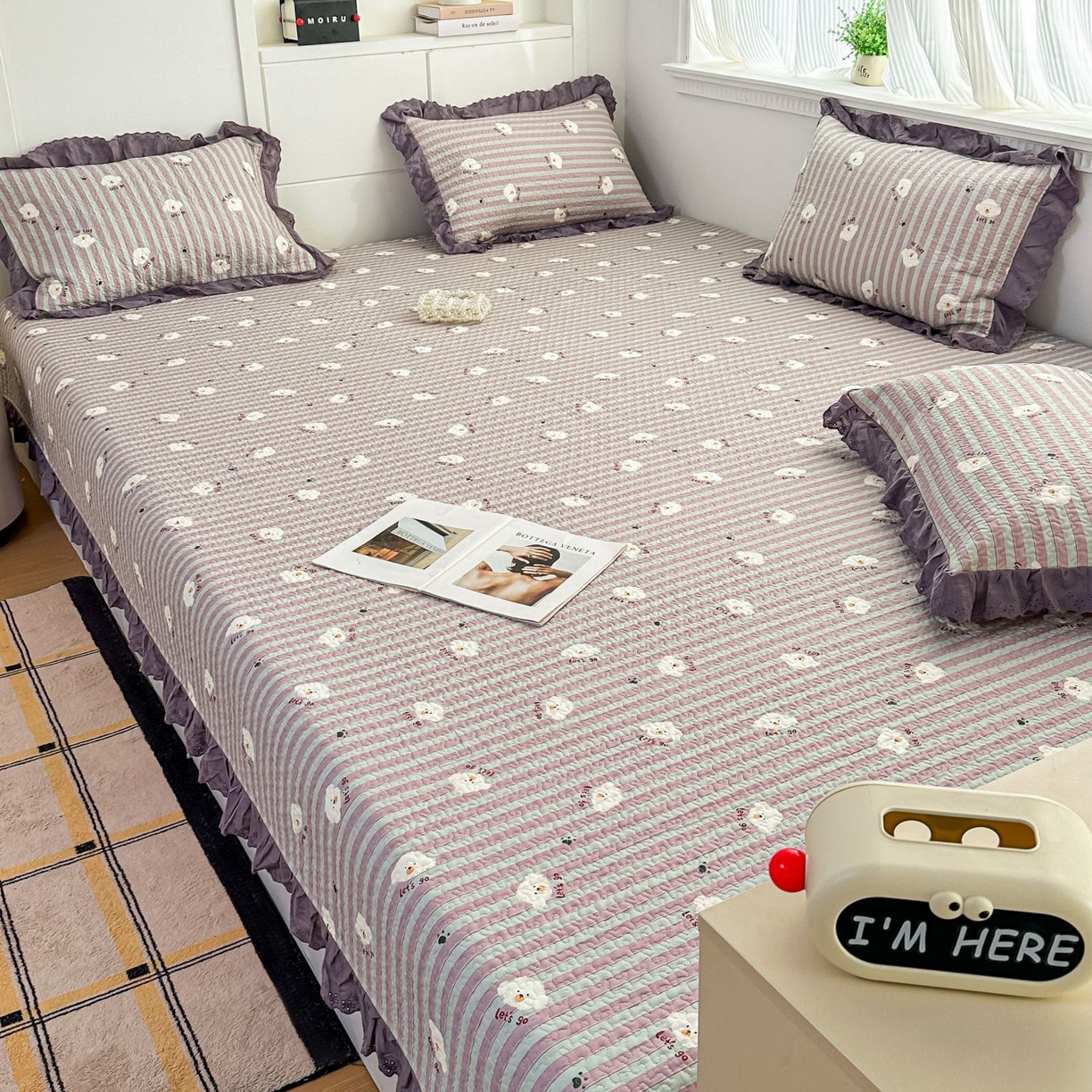 暖居 2026新款支持定制法式花边纯棉榻榻米四件套全棉大炕盖三件套四季通用 旺仔紫色