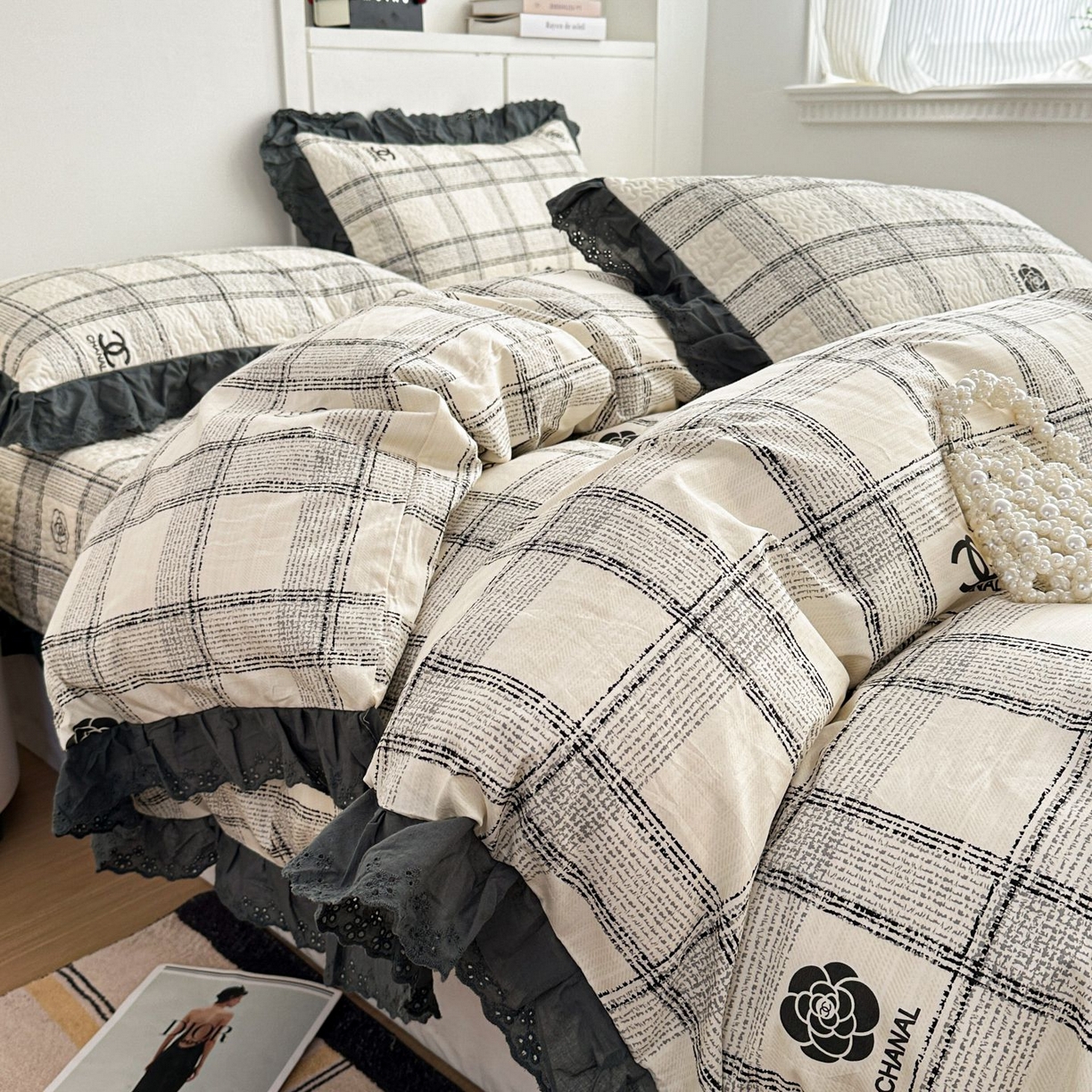 91家纺网 家纺一手货源 找家纺 暖居 2026新款支持定制法式花边纯棉榻榻米四件套全棉大炕盖三件套四季通用 小香格子