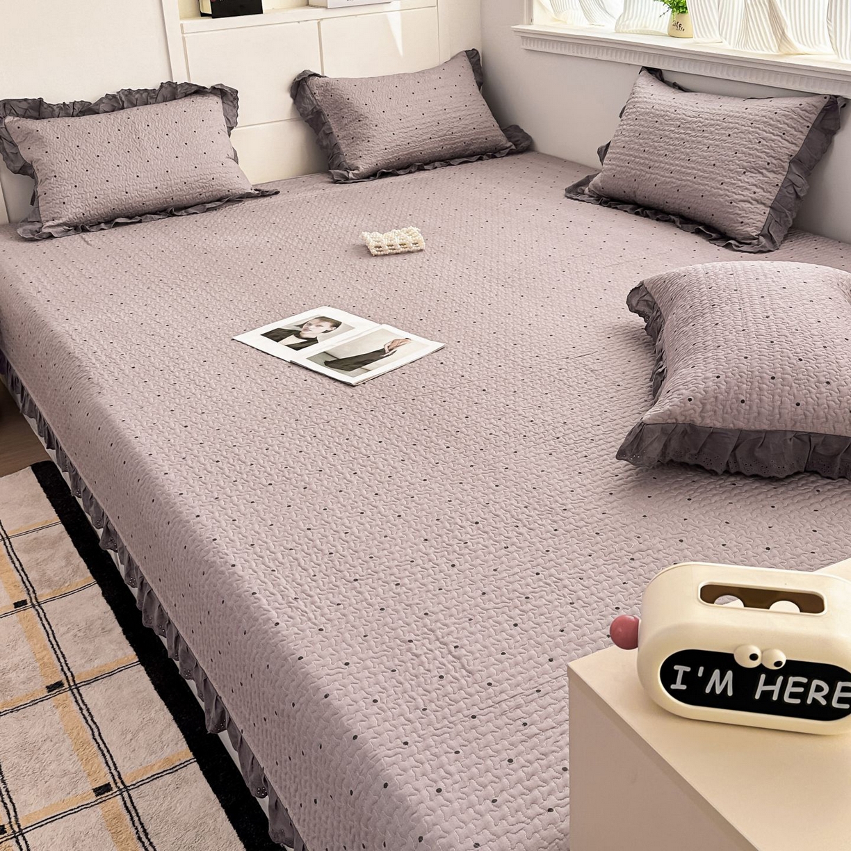 暖居 2026新款支持定制法式花边纯棉榻榻米四件套全棉大炕盖三件套四季通用 波点紫