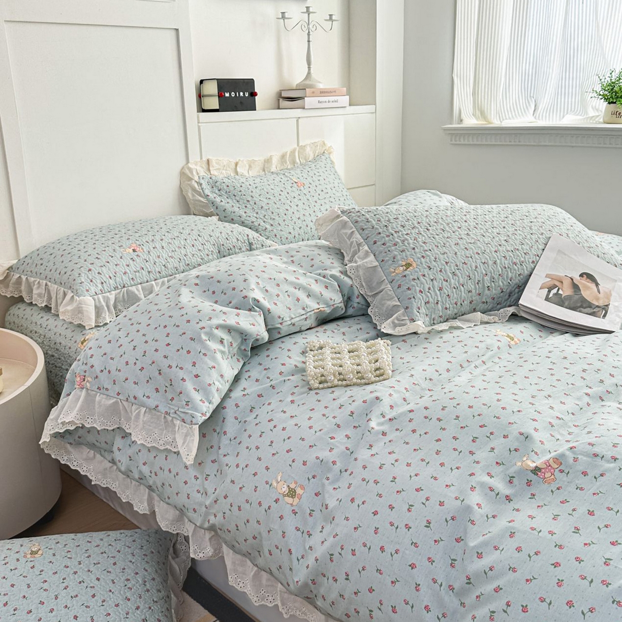 91家纺网 家纺一手货源 找家纺 暖居 2026新款支持定制法式花边纯棉榻榻米四件套全棉大炕盖三件套四季通用 碎花兔蓝