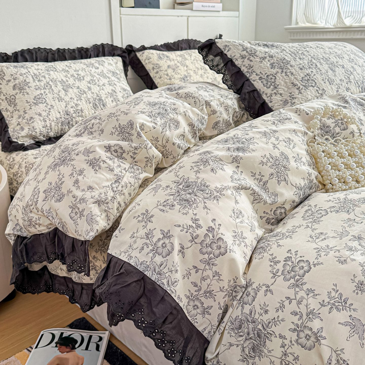 91家纺网 家纺一手货源 找家纺 暖居 2026新款支持定制法式花边纯棉榻榻米四件套全棉大炕盖三件套四季通用 白山茶