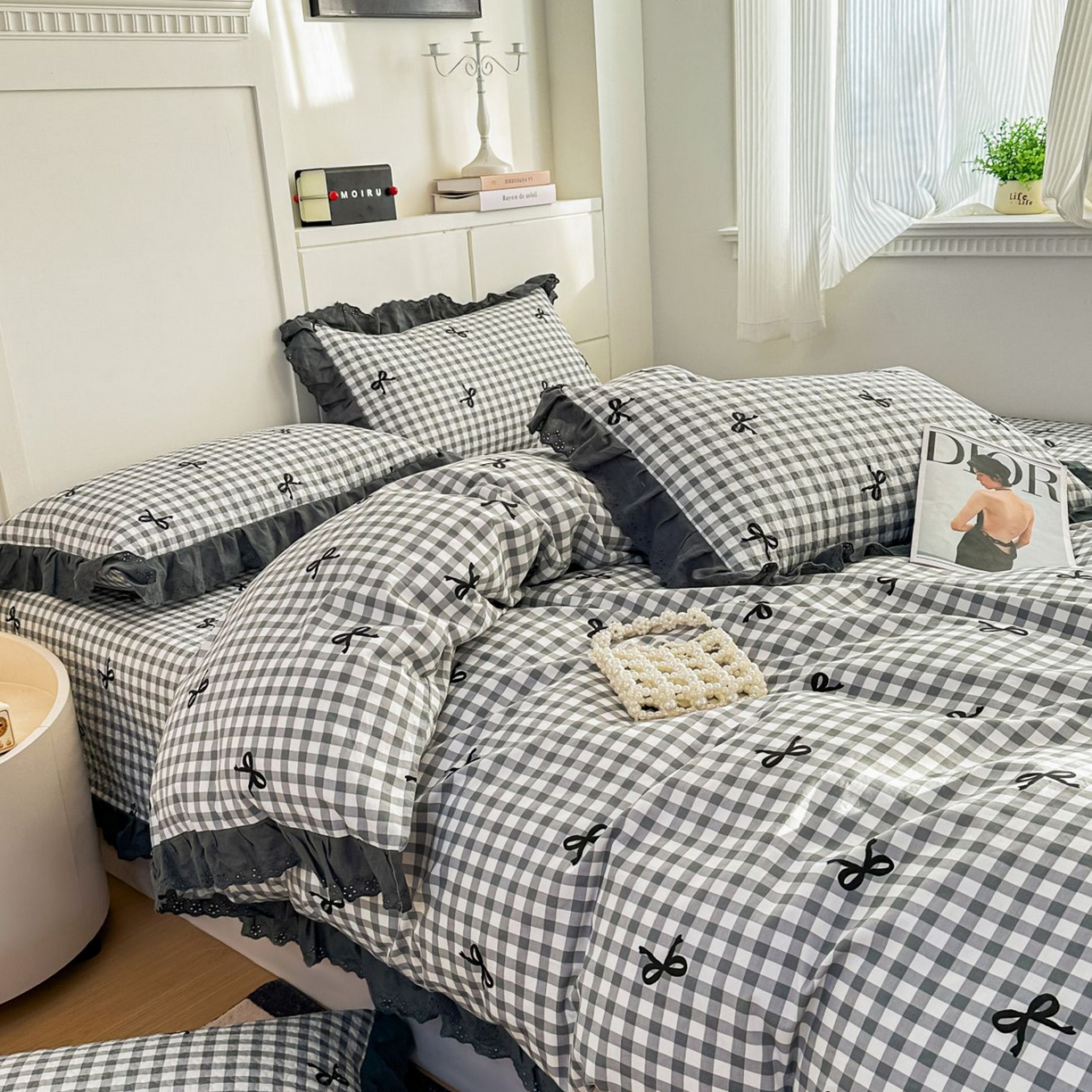 91家纺网 家纺一手货源 找家纺 暖居 2026新款支持定制法式花边纯棉榻榻米四件套全棉大炕盖三件套四季通用 灰格蝴蝶结