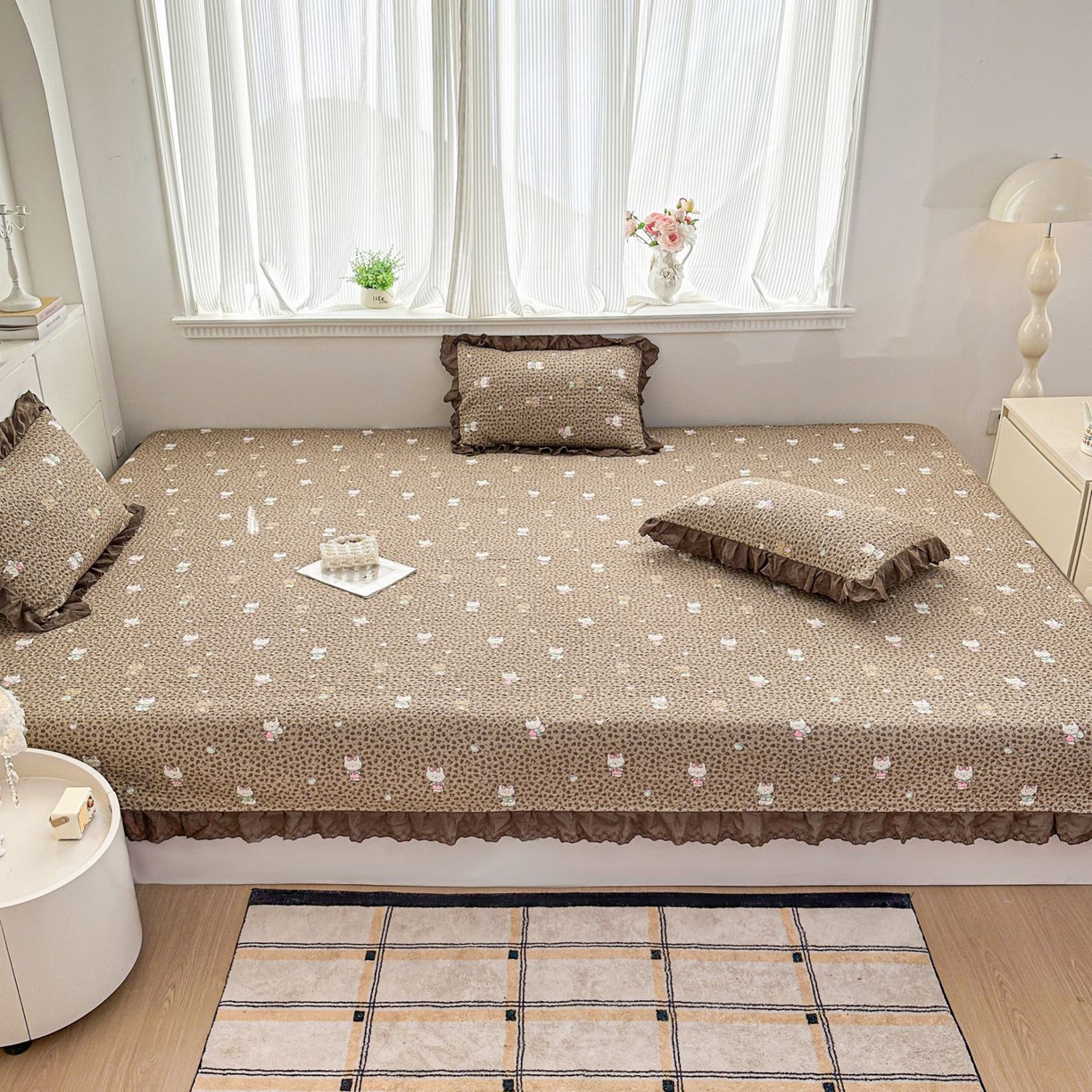 91家纺网 家纺一手货源 找家纺 暖居 2026新款支持定制法式花边纯棉榻榻米四件套全棉大炕盖三件套四季通用 豹纹KT