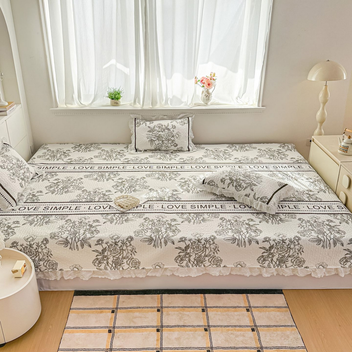 91家纺网 家纺一手货源 找家纺 暖居 2026新款支持定制法式花边纯棉榻榻米四件套全棉大炕盖三件套四季通用 晨暮间