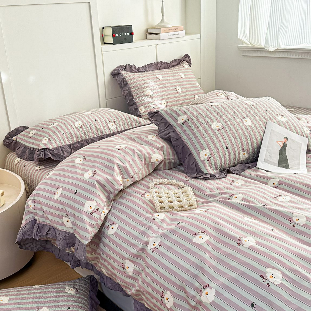 91家纺网 家纺一手货源 找家纺 暖居 2026新款支持定制法式花边纯棉榻榻米四件套全棉大炕盖三件套四季通用 旺仔紫色