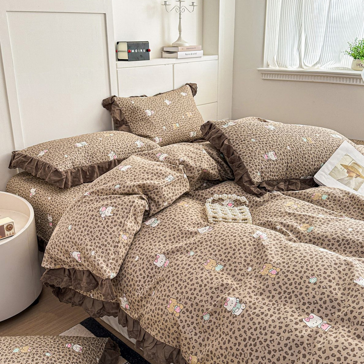 91家纺网 家纺一手货源 找家纺 暖居 2026新款支持定制法式花边纯棉榻榻米四件套全棉大炕盖三件套四季通用 豹纹KT