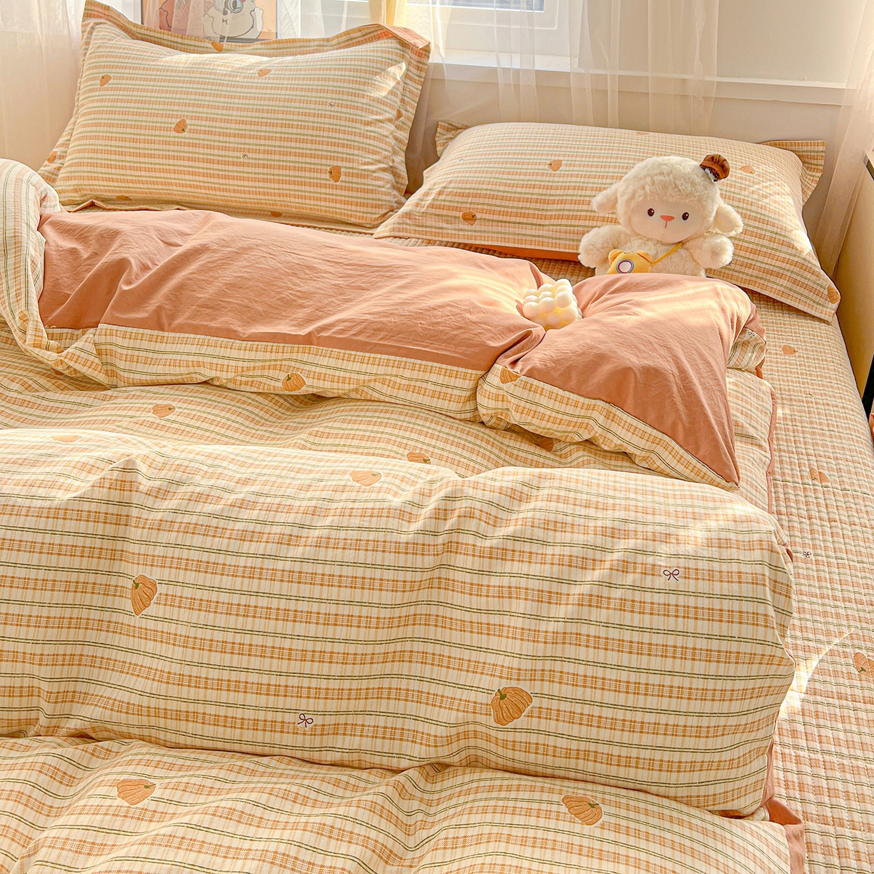 91家纺网 家纺一手货源 找家纺 梵克保罗 2026新款亲肤舒适仿棉印花床盖四件套 南瓜季