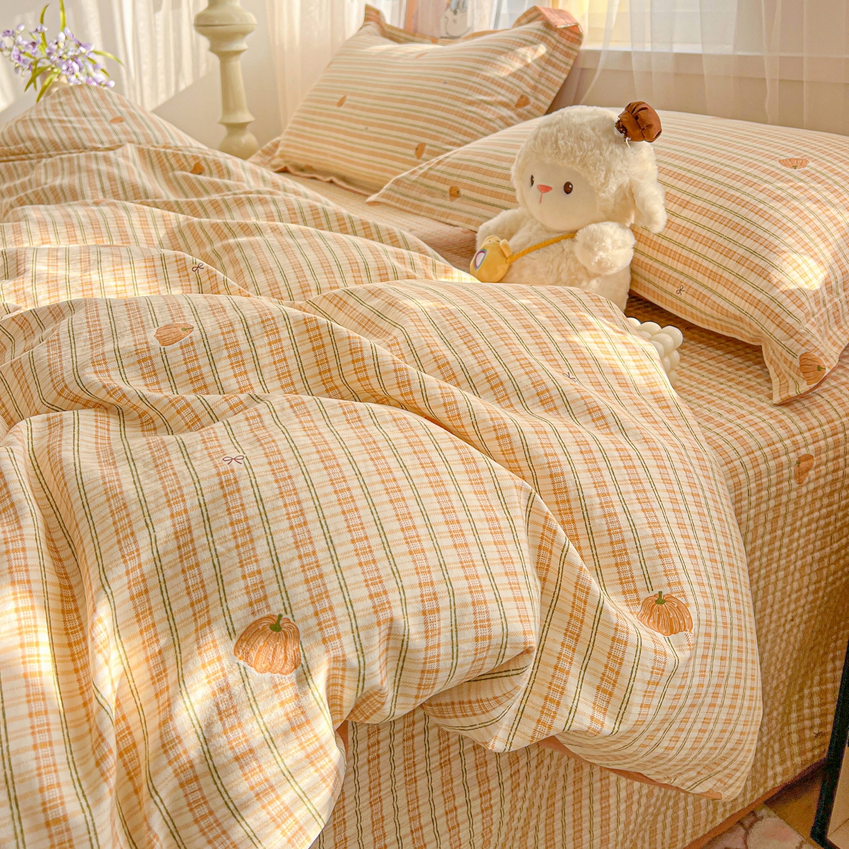 91家纺网 家纺一手货源 找家纺 梵克保罗 2026新款亲肤舒适仿棉印花床盖四件套 南瓜季