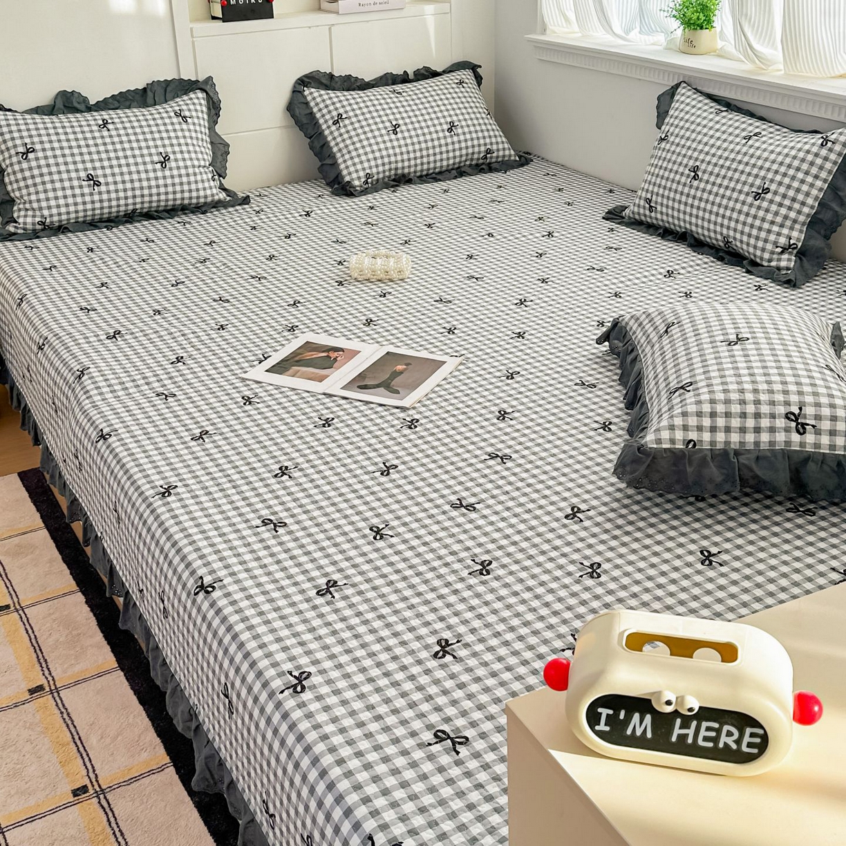 暖居 2026新款支持定制法式花边纯棉榻榻米四件套全棉大炕盖三件套四季通用 灰格蝴蝶结