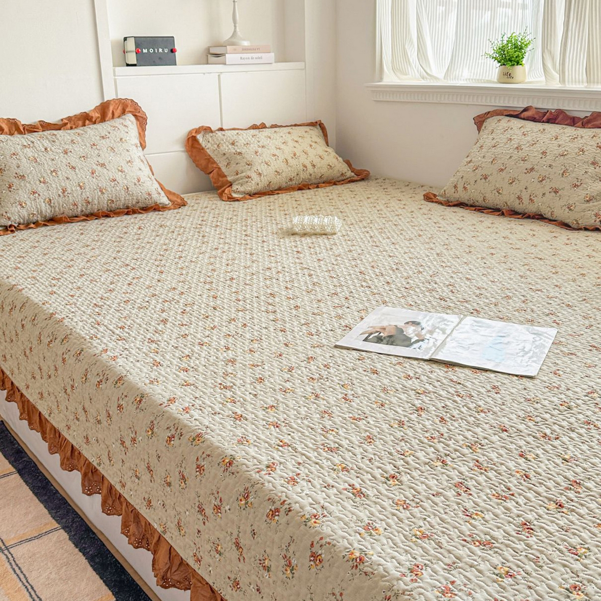 91家纺网 家纺一手货源 找家纺 暖居 2026新款支持定制法式花边纯棉榻榻米四件套全棉大炕盖三件套四季通用 浅咖