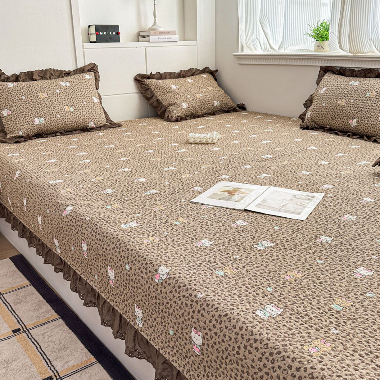 91家纺网 家纺一手货源 找家纺 暖居 2026新款支持定制法式花边纯棉榻榻米四件套全棉大炕盖三件套四季通用 豹纹KT