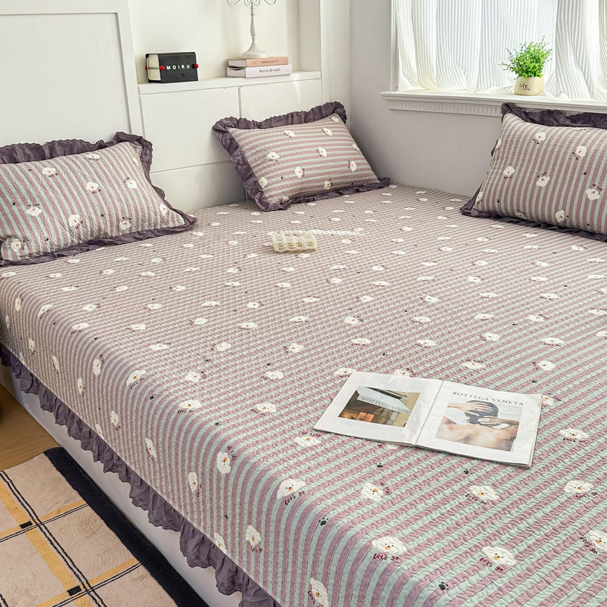 91家纺网 家纺一手货源 找家纺 暖居 2026新款支持定制法式花边纯棉榻榻米四件套全棉大炕盖三件套四季通用 旺仔紫色