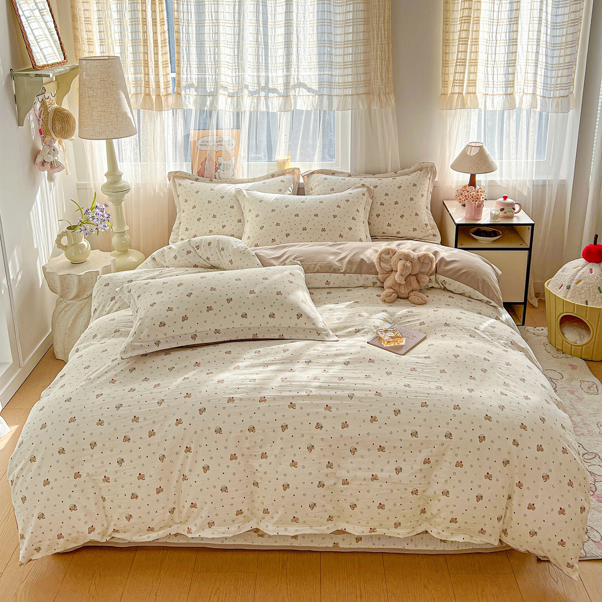 91家纺网 家纺一手货源 找家纺 梵克保罗 2026新款亲肤舒适仿棉印花床盖四件套 泡芙小象