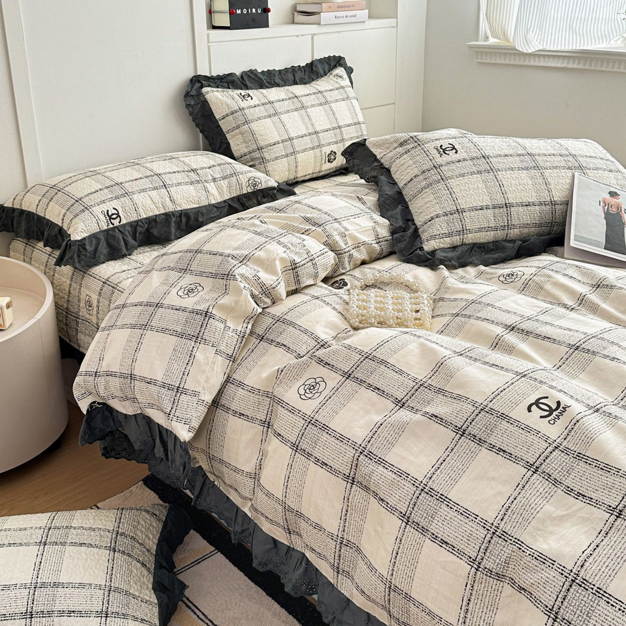 91家纺网 家纺一手货源 找家纺 暖居 2026新款支持定制法式花边纯棉榻榻米四件套全棉大炕盖三件套四季通用 小香格子