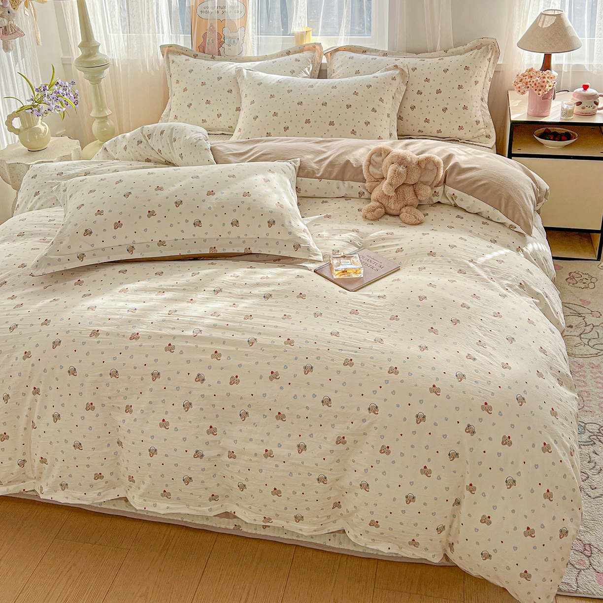 91家纺网 家纺一手货源 找家纺 梵克保罗 2026新款亲肤舒适仿棉印花床盖四件套 泡芙小象