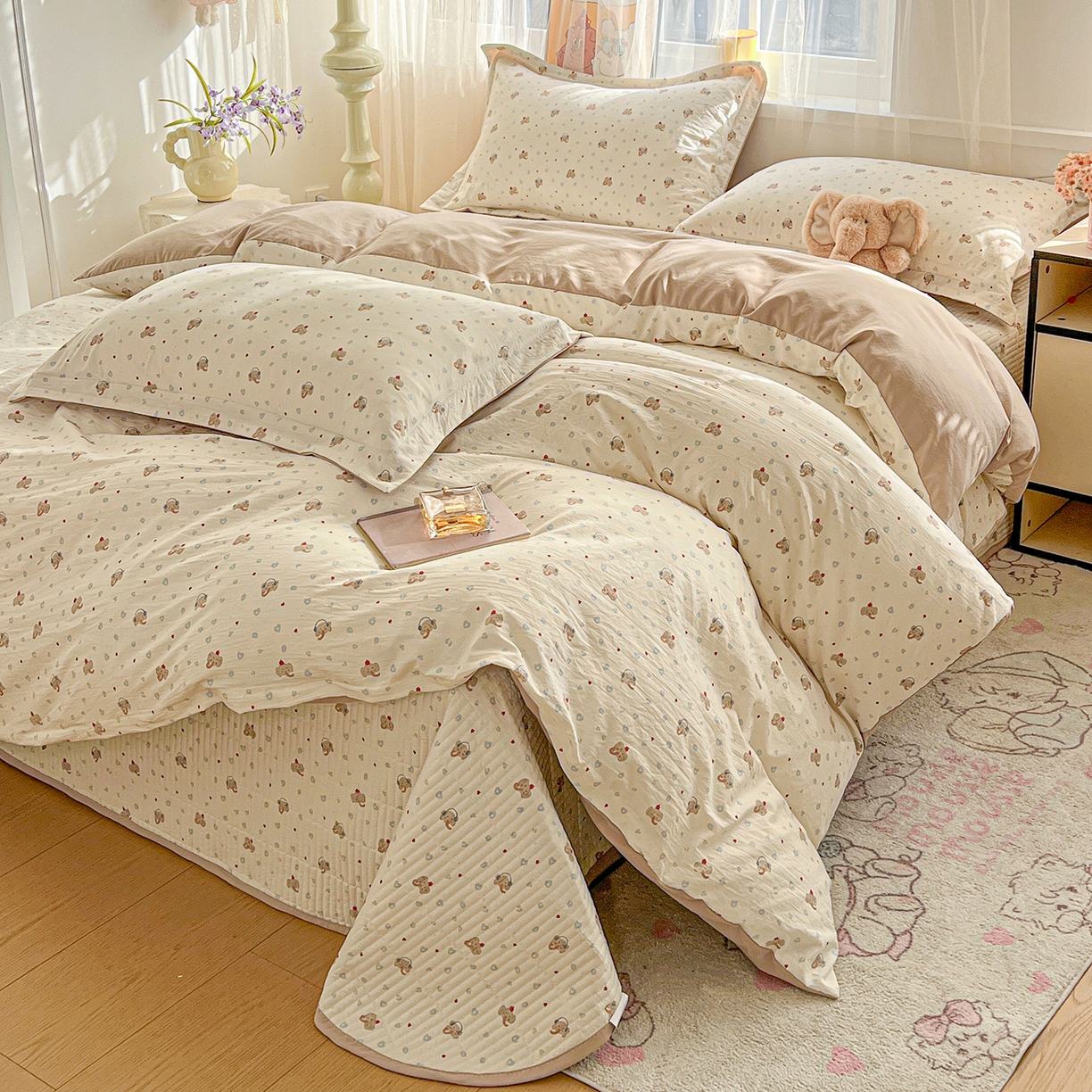 91家纺网 家纺一手货源 找家纺 梵克保罗 2026新款亲肤舒适仿棉印花床盖四件套 泡芙小象